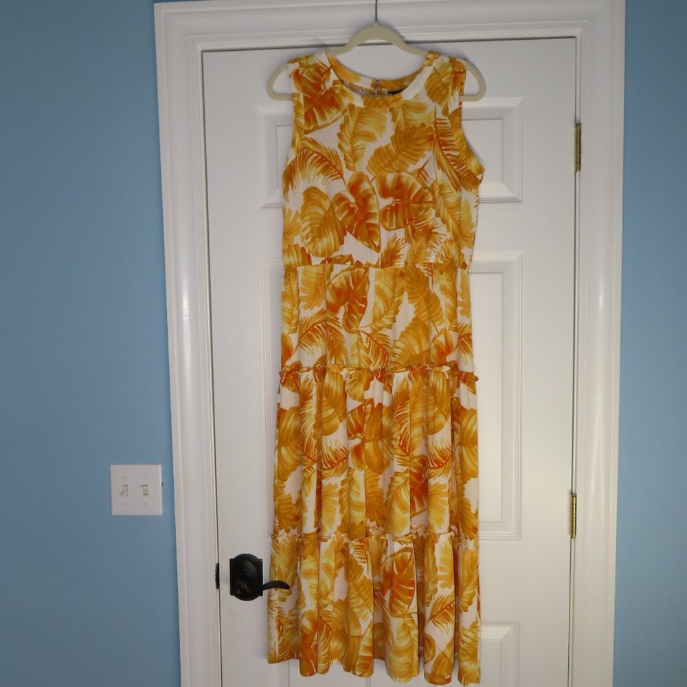 Maison Tara gold yellow dress tiered palm leaf print tropical vacation size 12